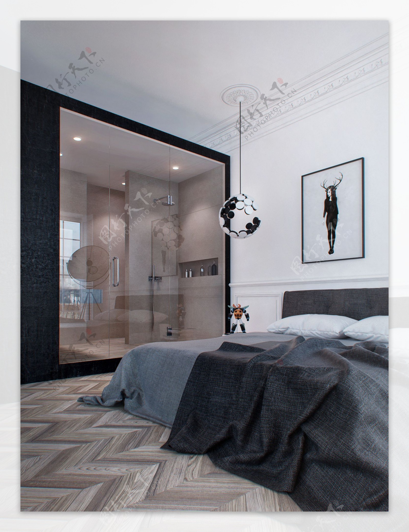 现代时尚卧室黑边玻璃门室内装修效果图
