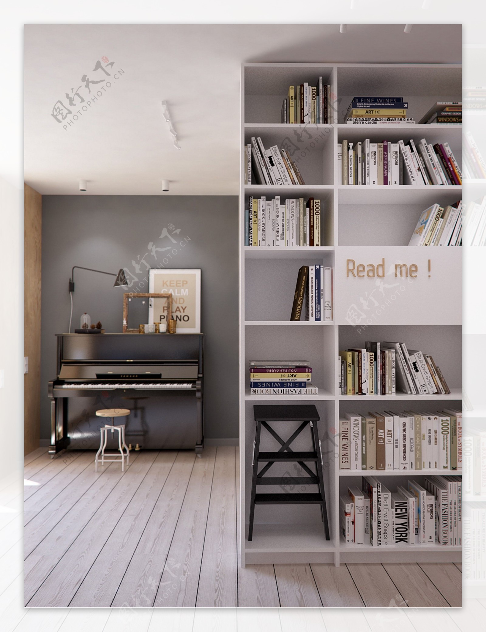 现代时尚客厅白色书架室内装修效果图