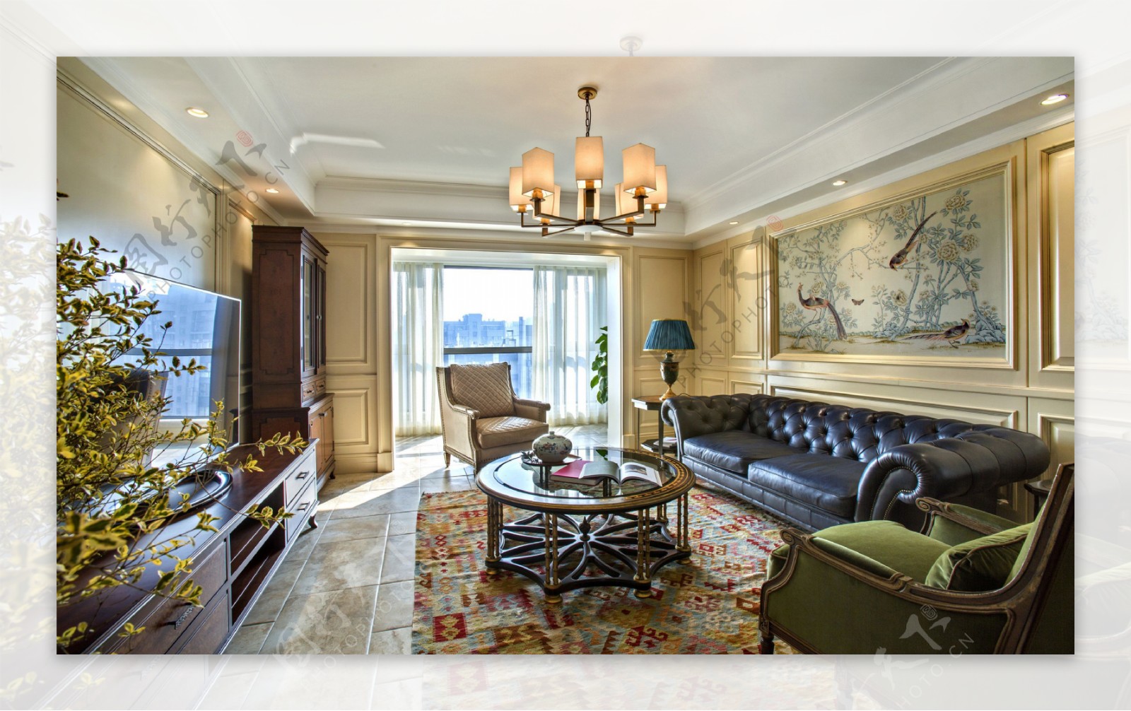 欧式轻奢客厅橘色花纹地毯室内装修效果图