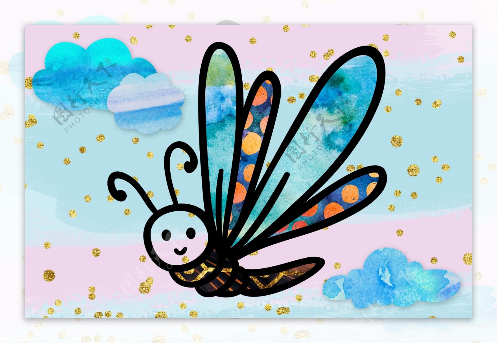 色彩繽紛鮮豔的蜻蜓装饰画PSD模板
