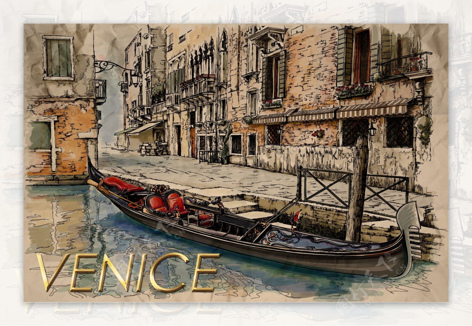手绘威尼斯水城海报设计PSD模板