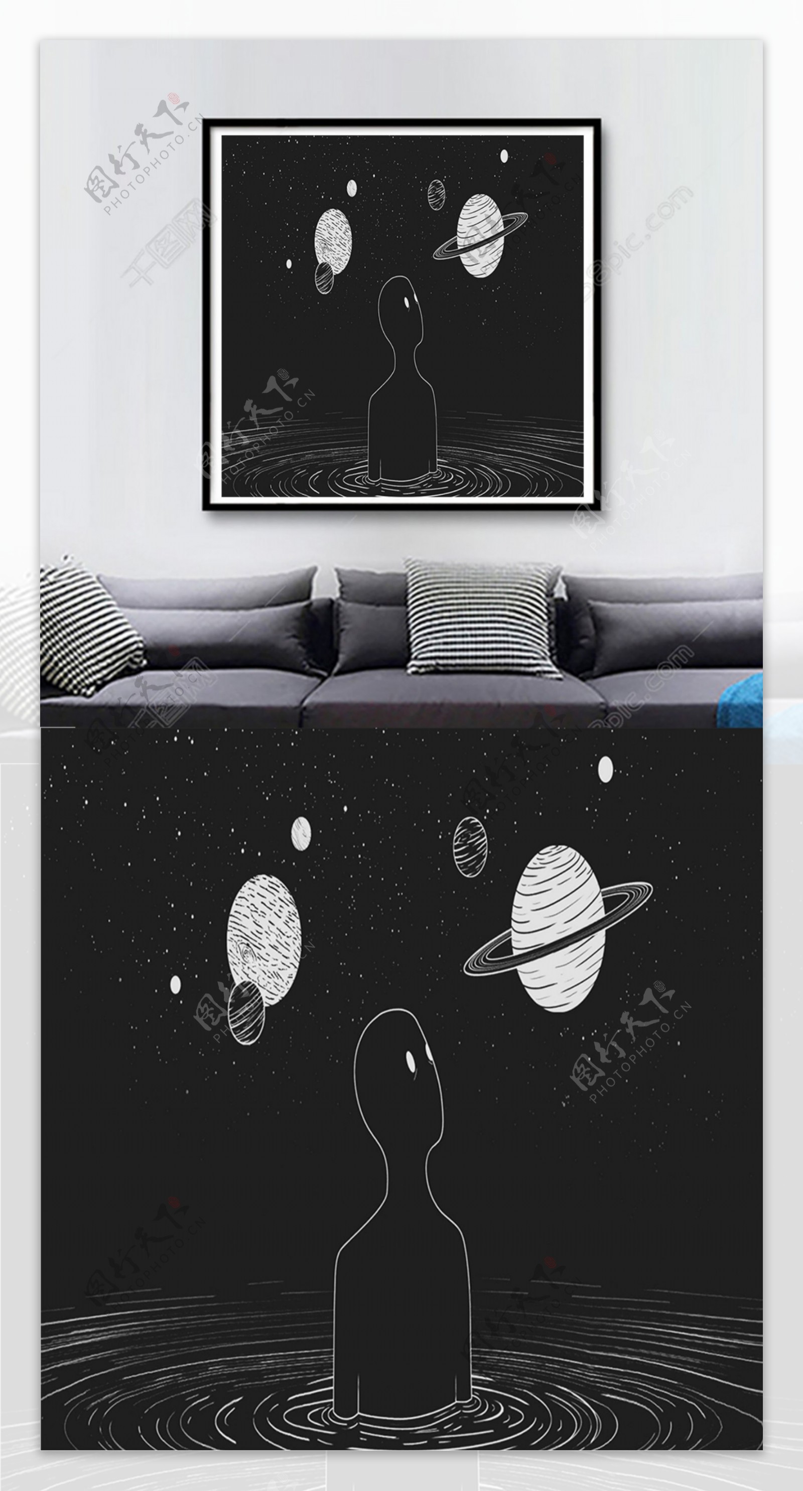 方形行星黑色创意客厅装饰画
