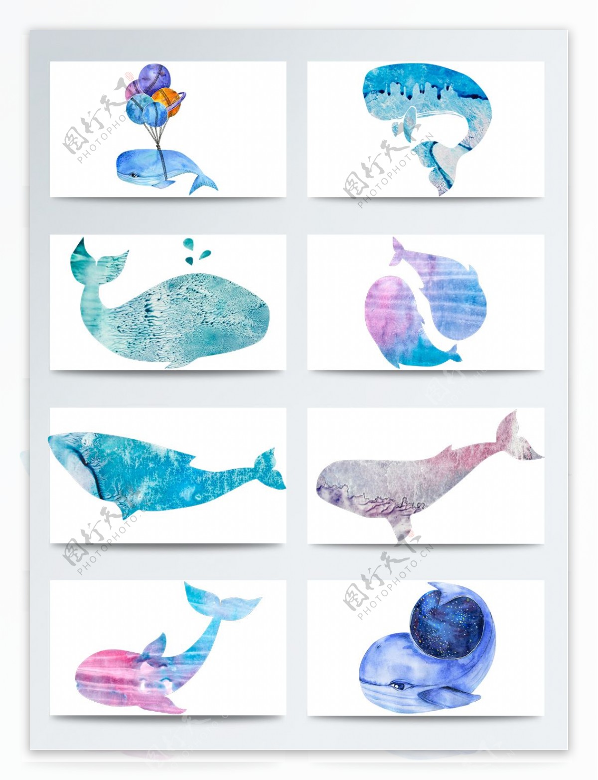 水彩蓝色鲸鱼免扣素材合集