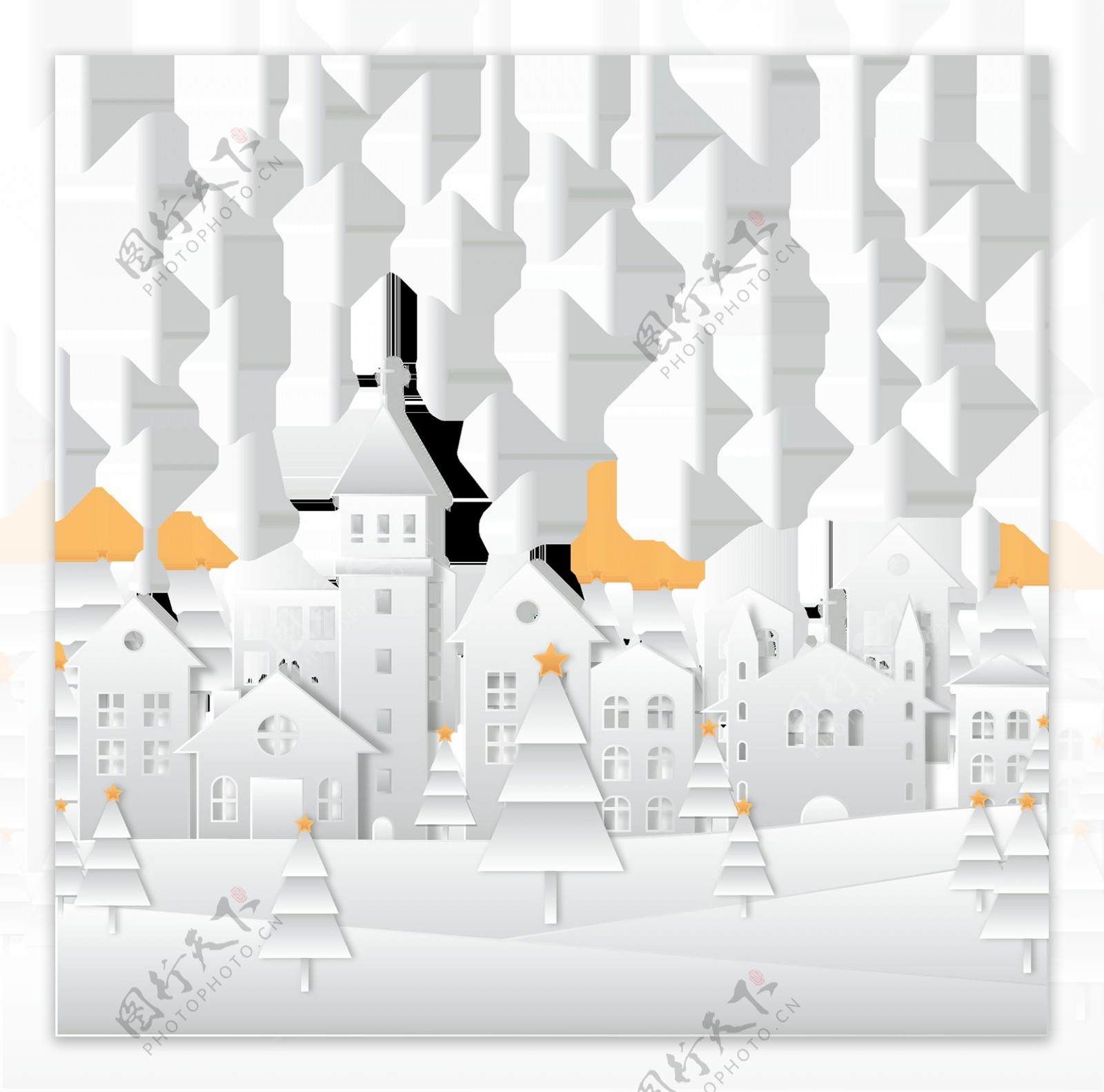 卡通扁平建筑雪景png元素
