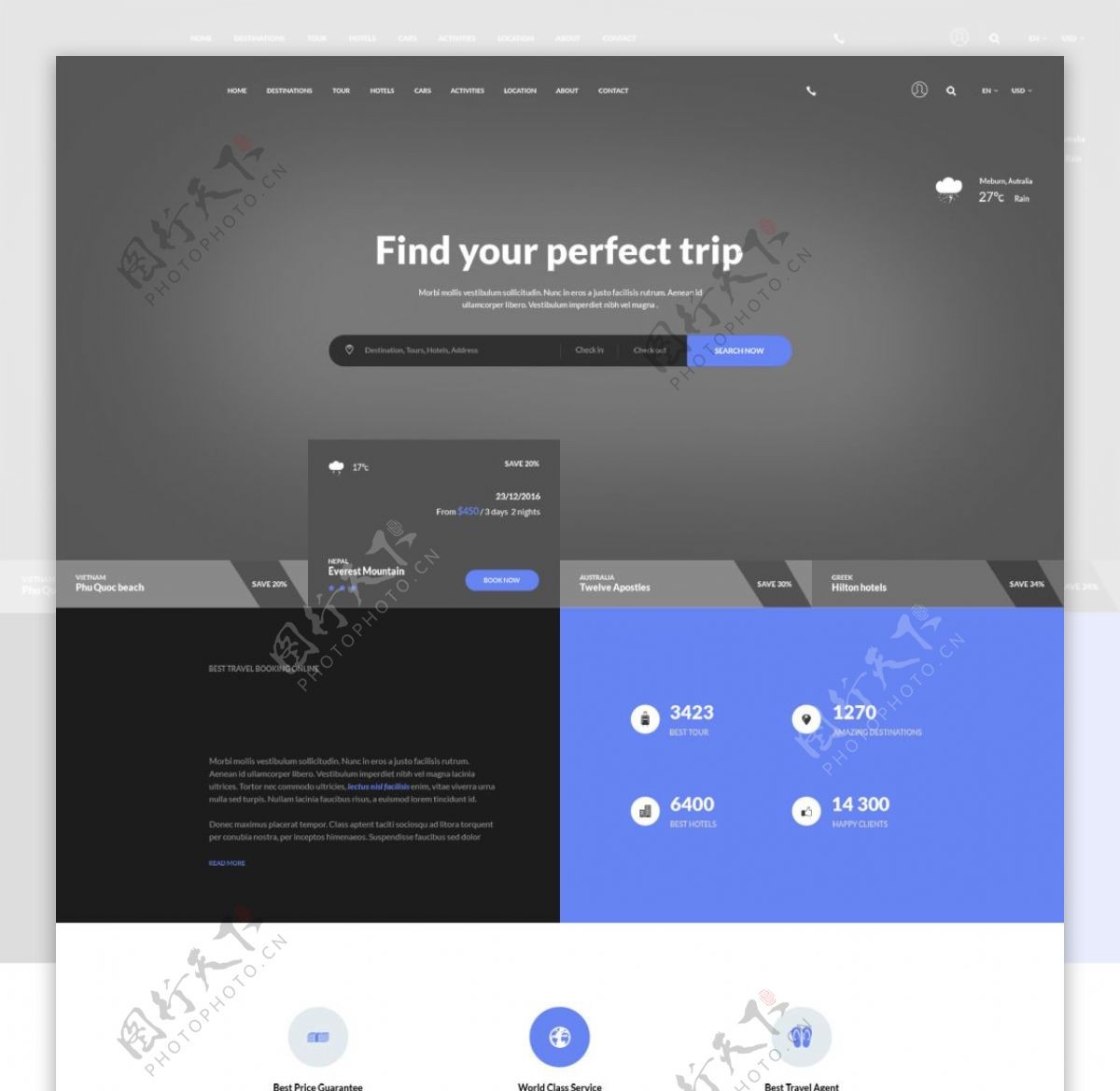 蓝白灰方块模块互动旅游网站首页PSD模板