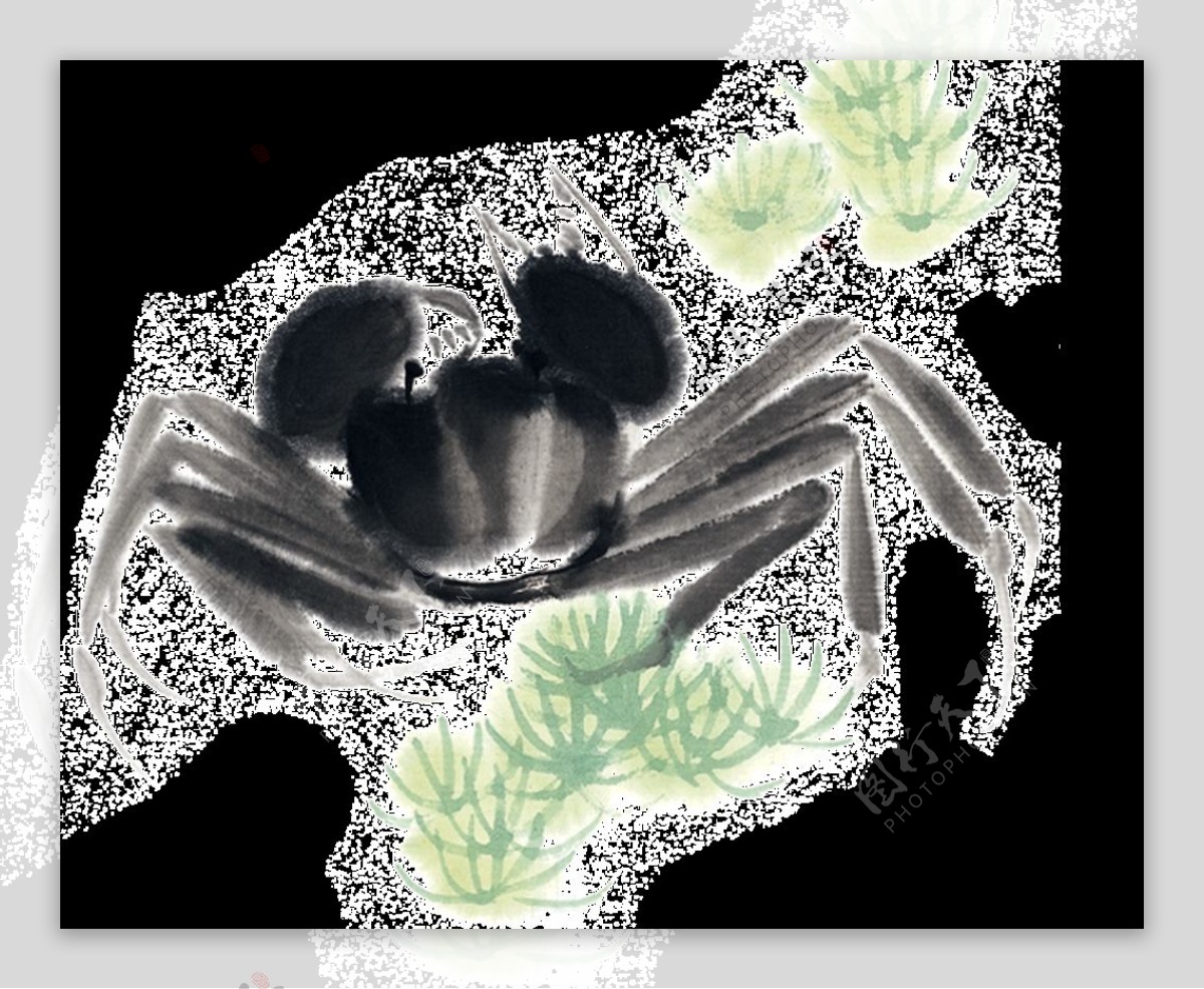 水墨画螃蟹透明装饰素材