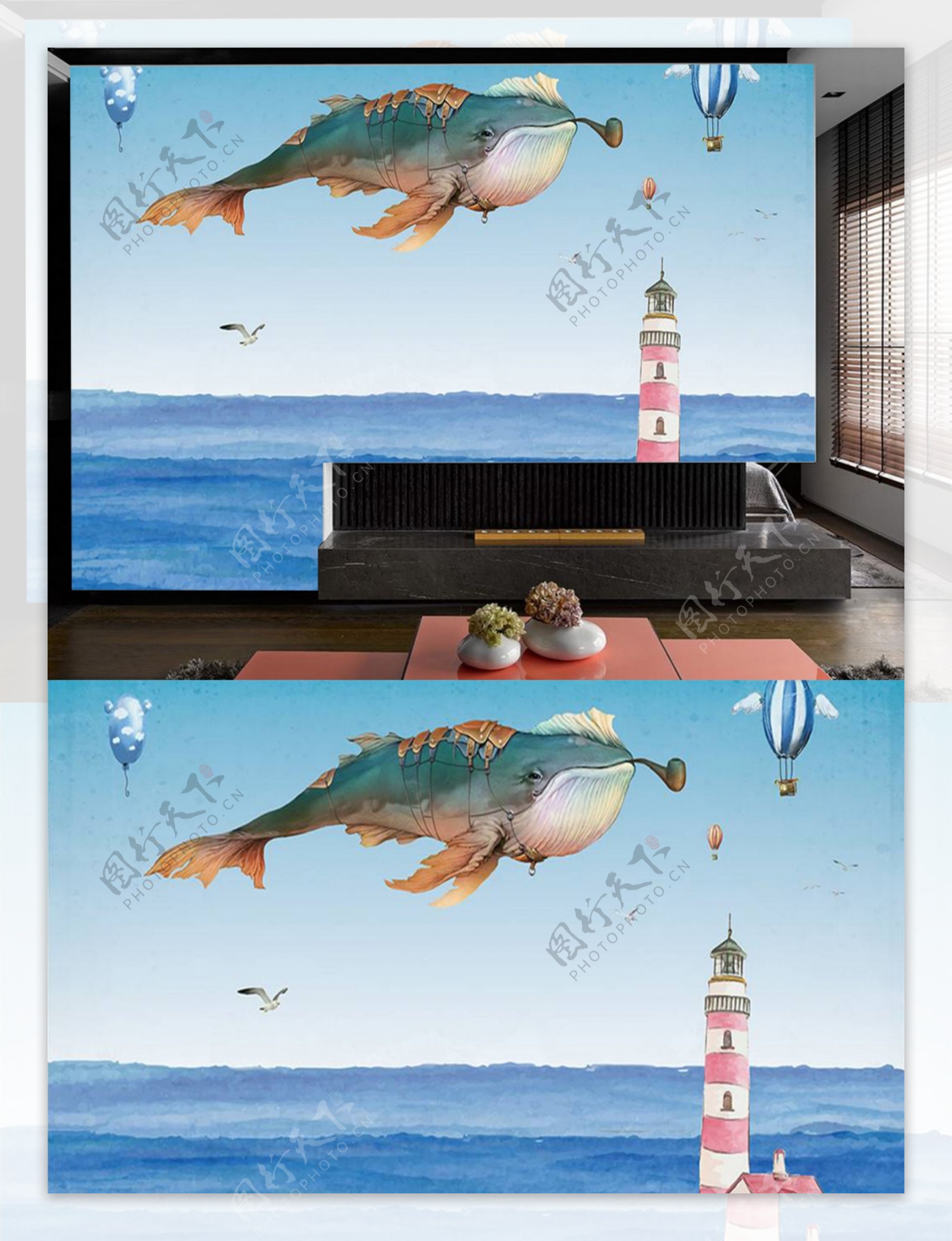 现代卡通创意蓝色大海鲨鱼电视背景墙