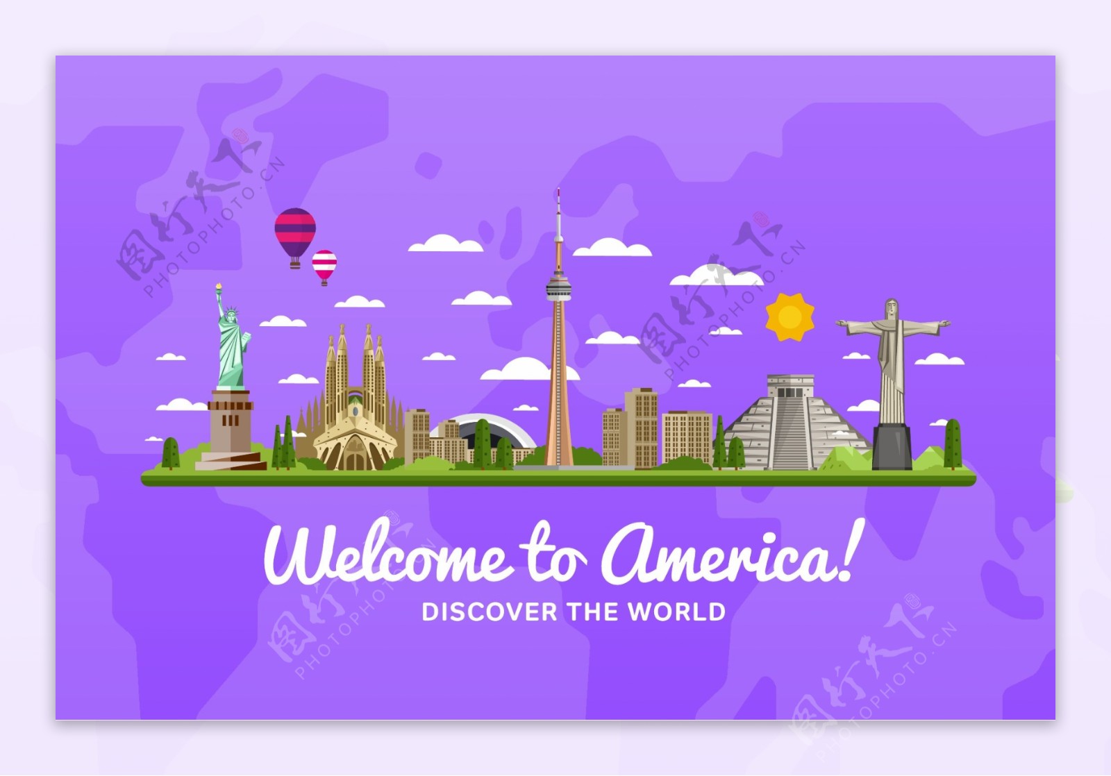 紫色背景欢迎来美国旅行矢量素材