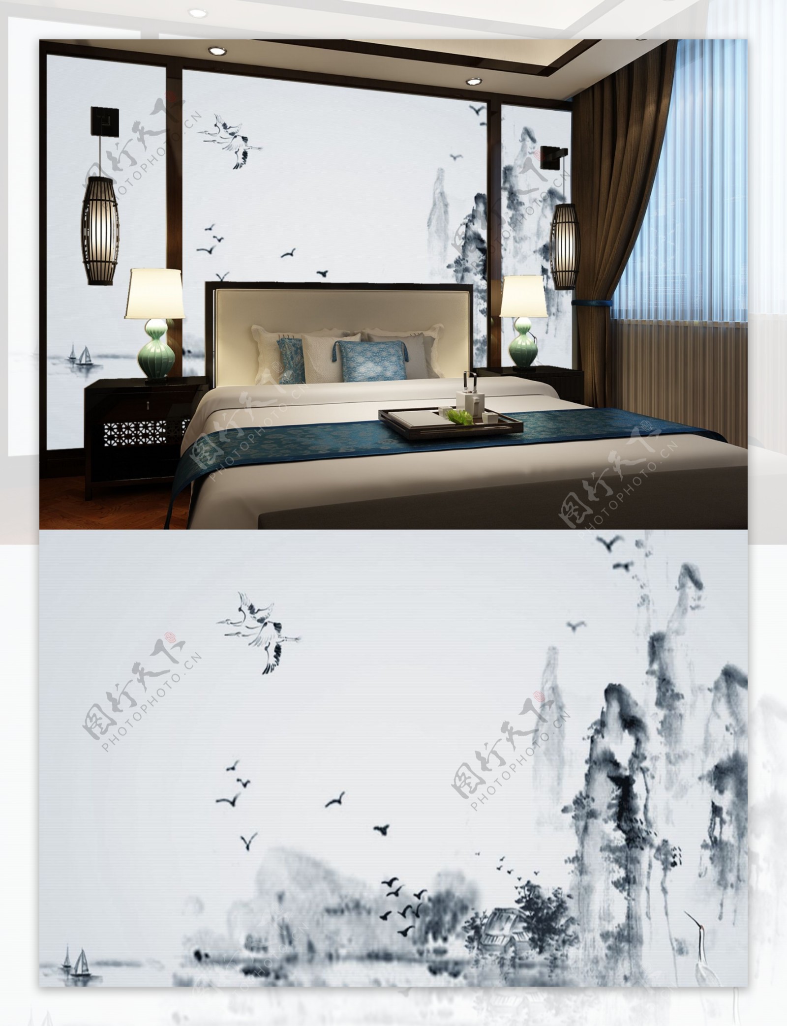 中式山水画卧室背景墙