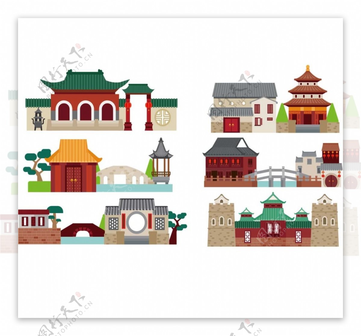 中国风格古代小镇古镇建筑塔桥png素材