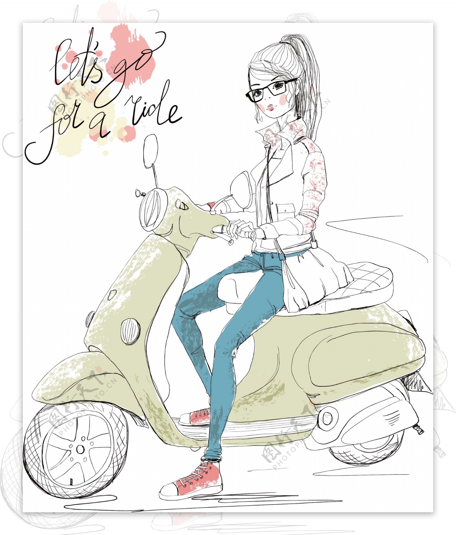 手绘骑摩托车的女生插画