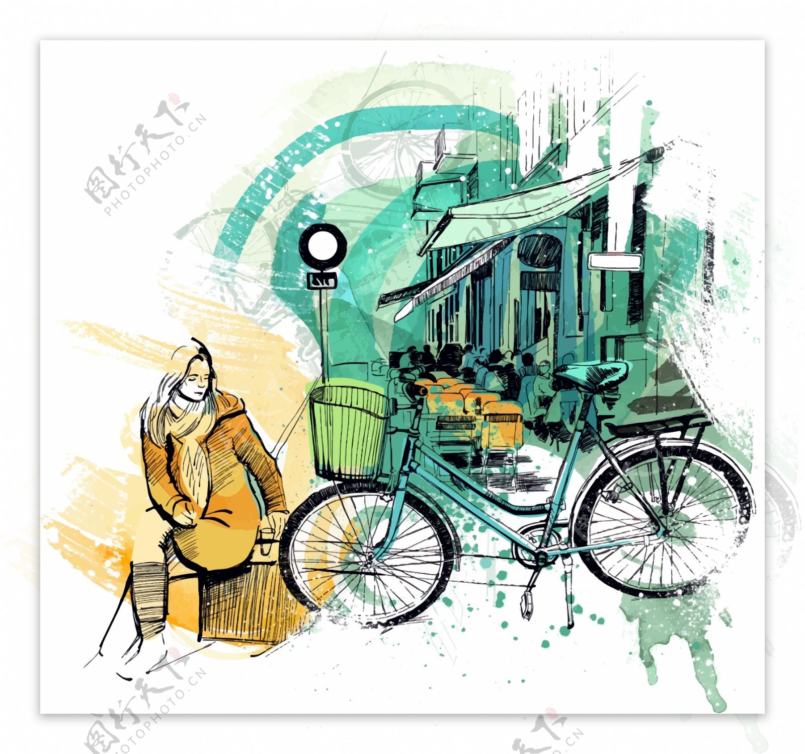 手绘女性和自行车插画