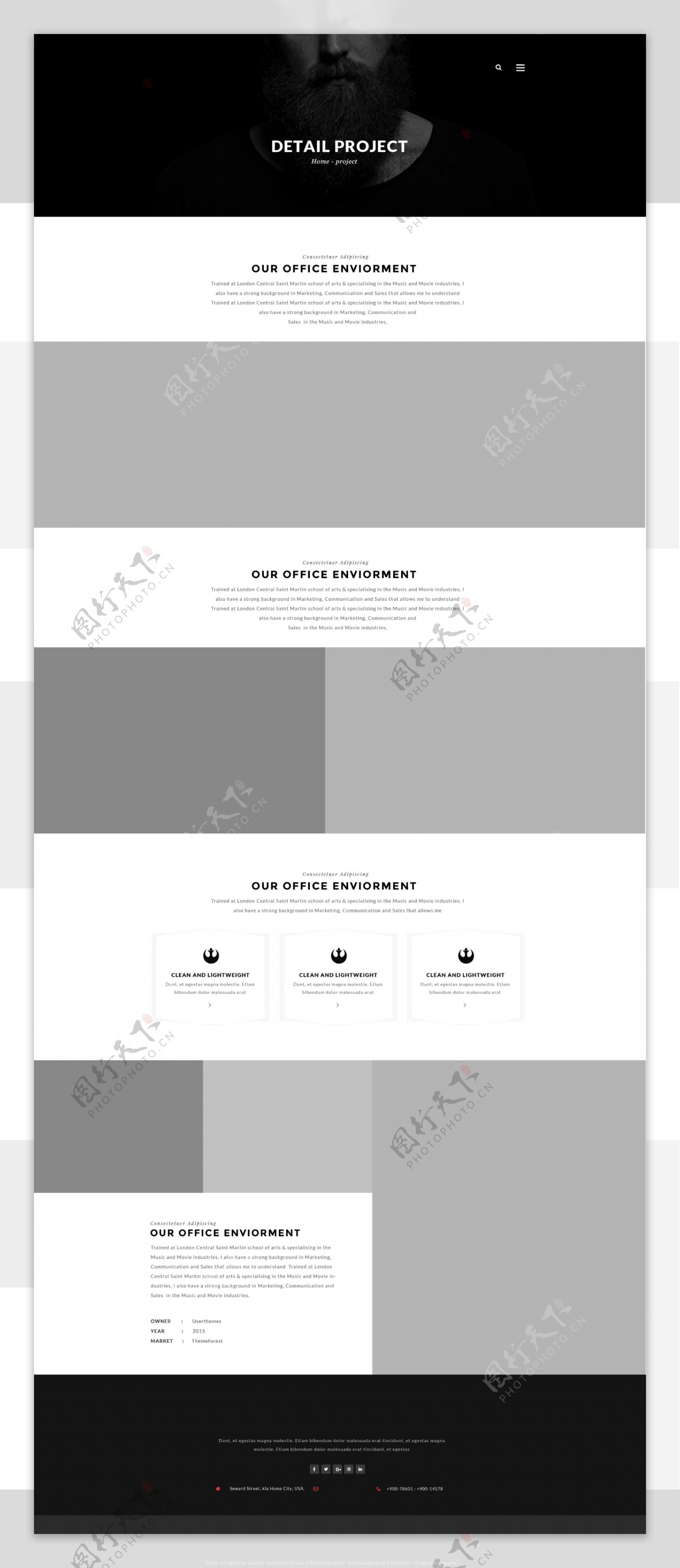 黑白灰精致项目工作详情网页设计PSD素材
