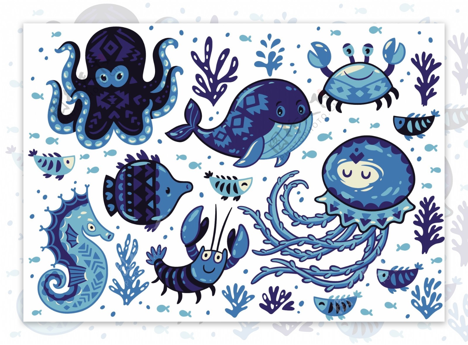 蓝色可爱卡通海洋动物插画