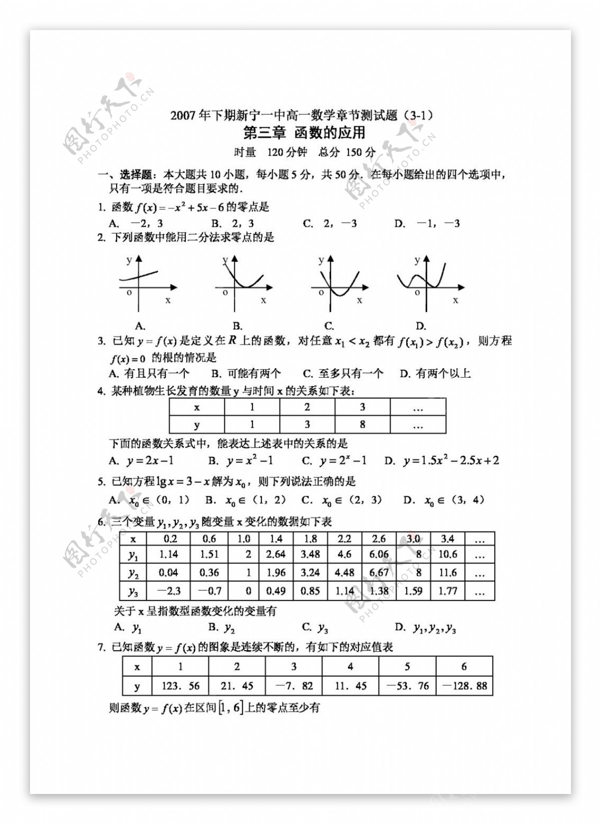 数学人教新课标A版高一数学章节测试题3.1函数的应用
