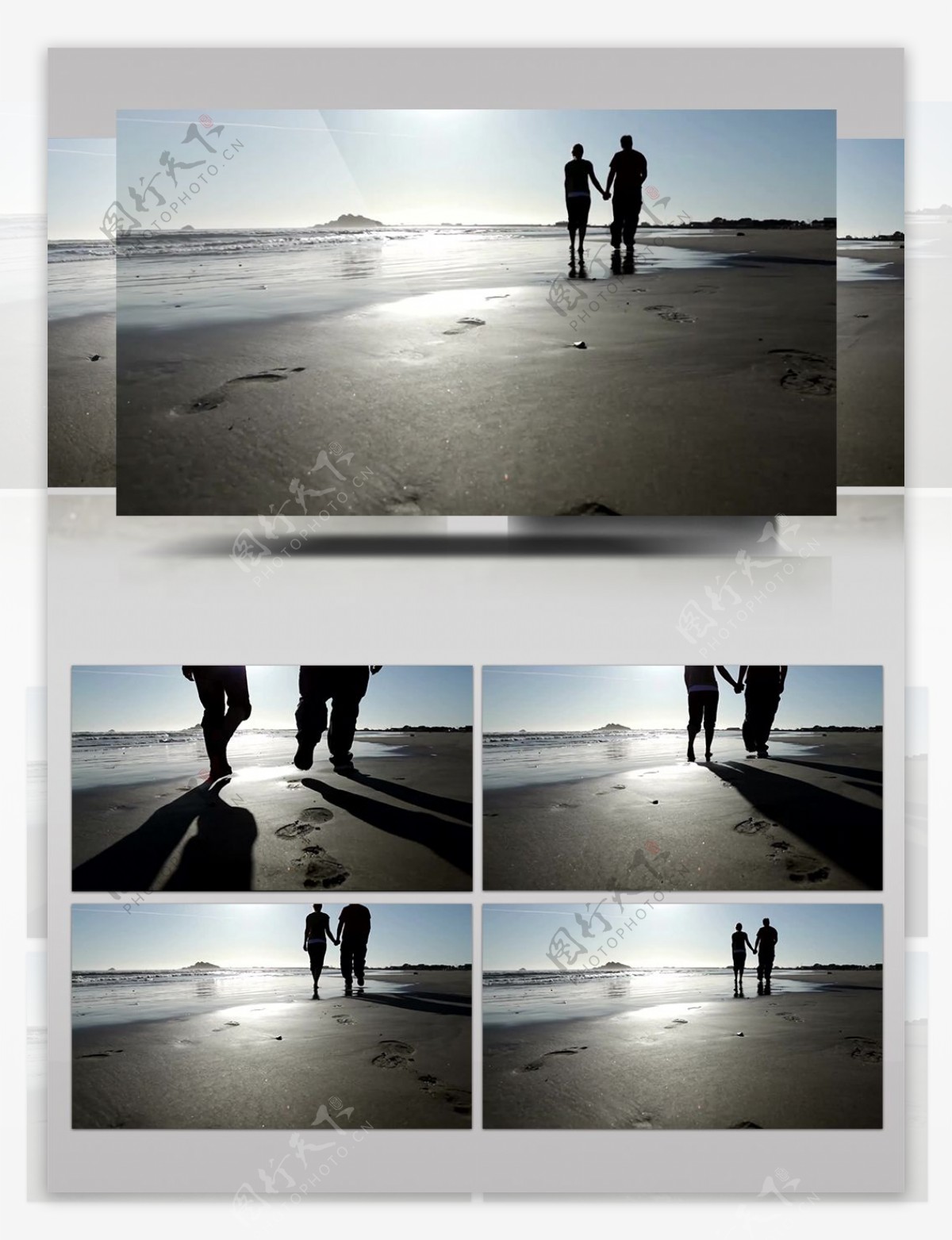 实拍浪漫情侣海边沙滩漫步剪影