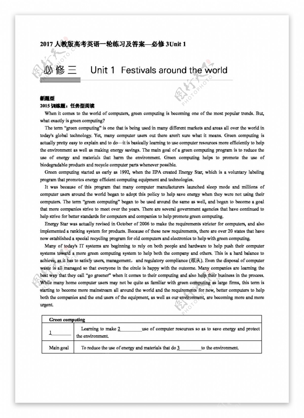 英语人教版人教版高考英语必修3Unit1Festivalsaroundtheworld
