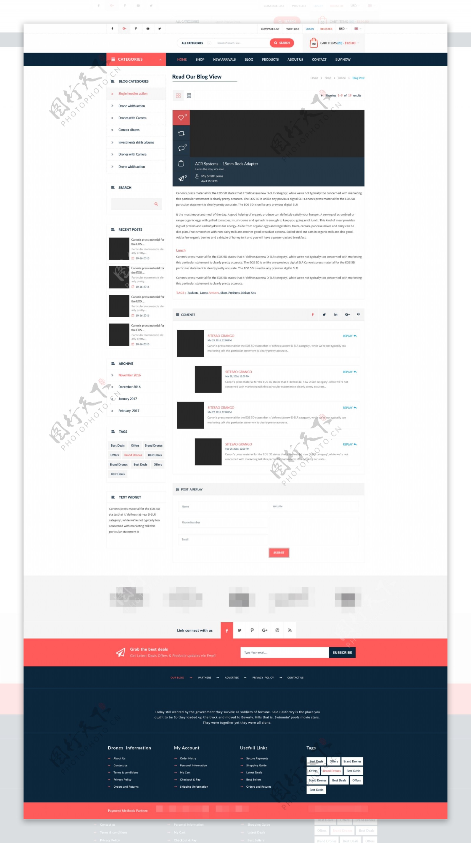 无人机电子商务博客视图页面PSD模板