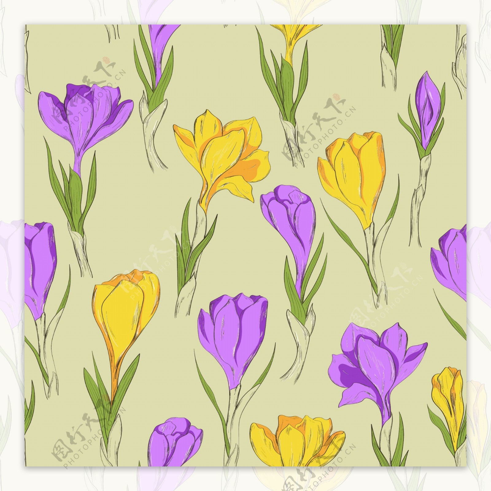 手绘紫黄色花朵背景矢量素材