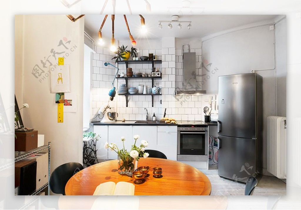 现代简约家装小户型客厅餐厅厨房一体效果图