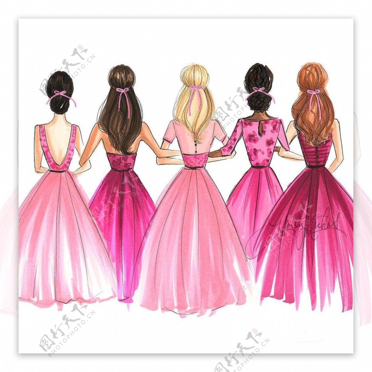 5款粉色长裙礼服设计图