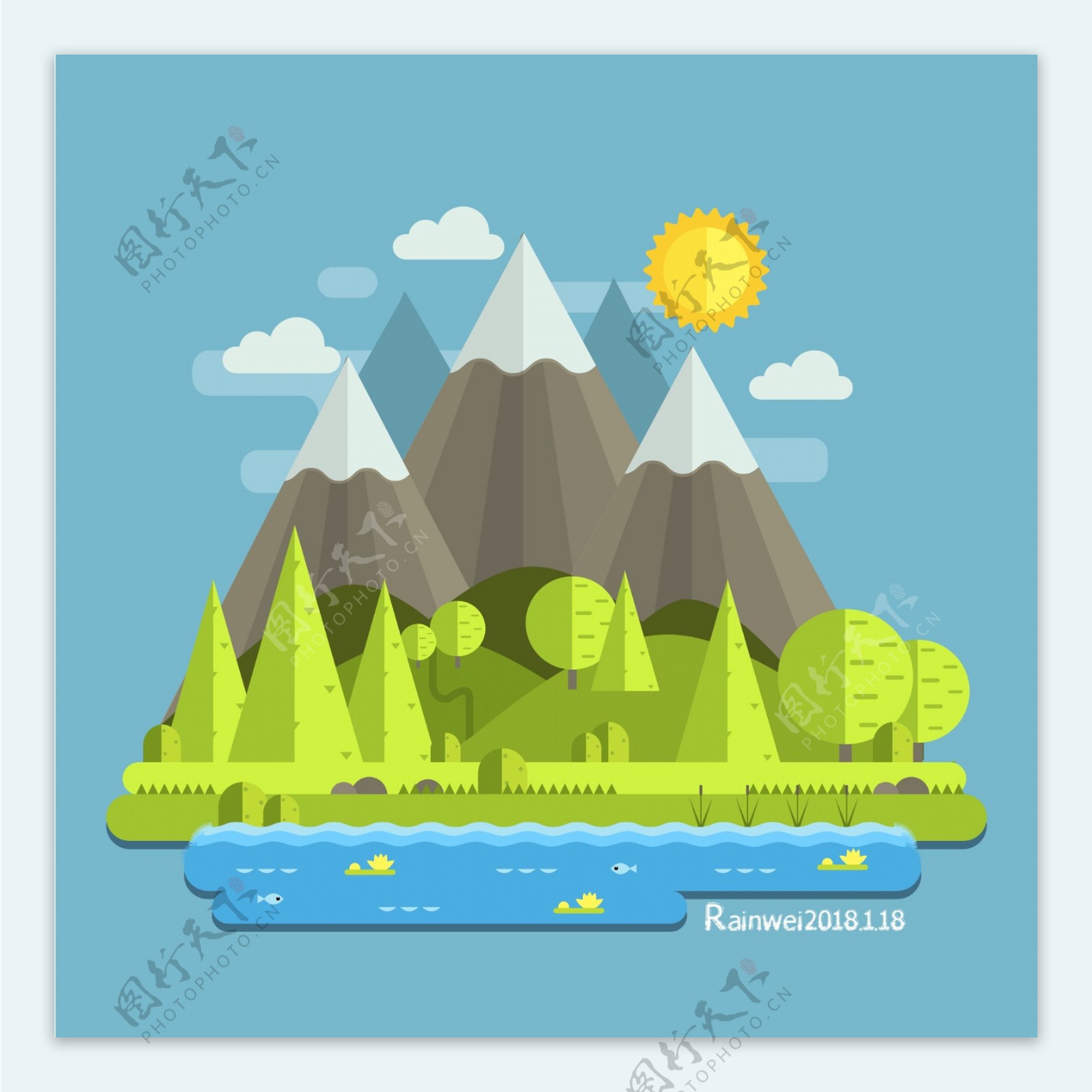 山地景观AdobeIllustrator平面风格