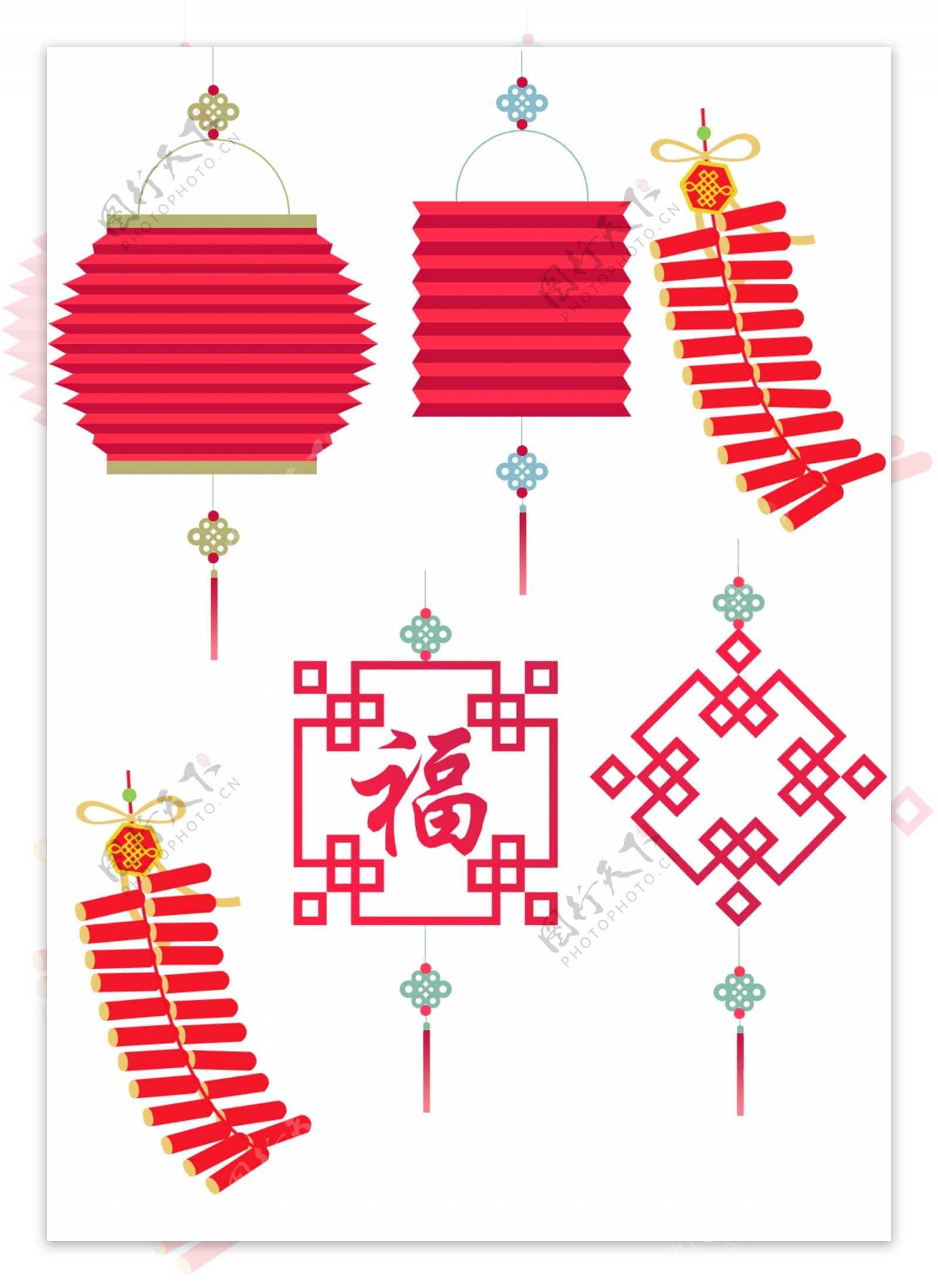 春节贺新年红色灯笼福字鞭炮元素