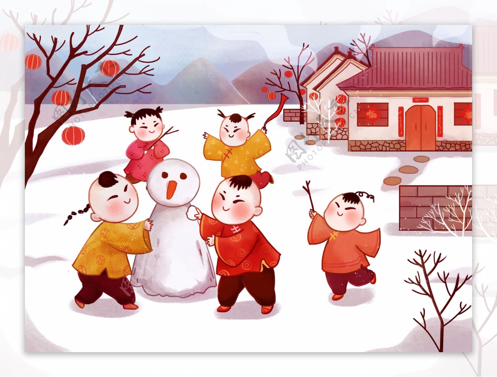 春节新年冬天一群儿童堆雪人插画素材