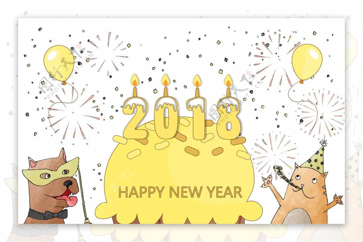 狗狗和新年蛋糕卡通插画