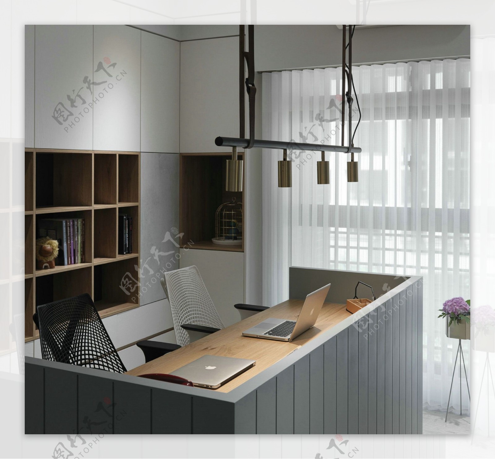现代书房柜台式书桌设计效果图