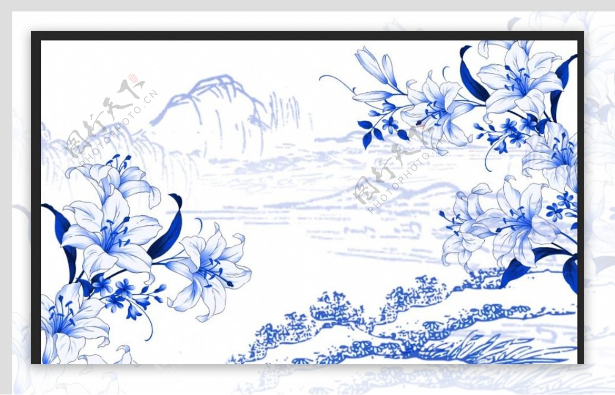 中式青花瓷山水百合背景墙