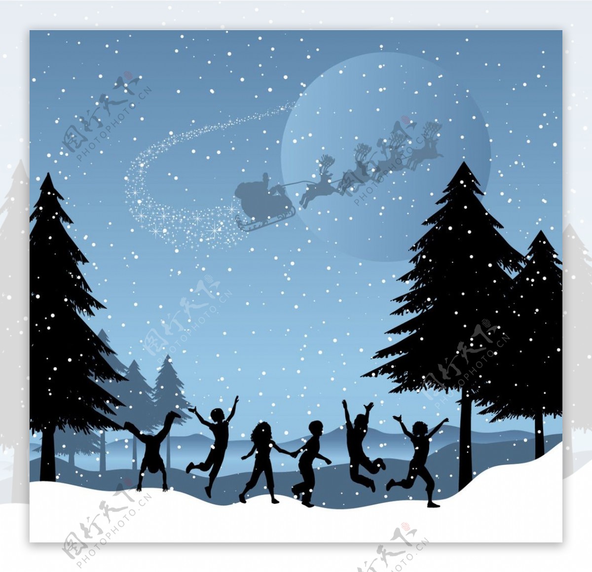 手绘圣诞儿童和雪景