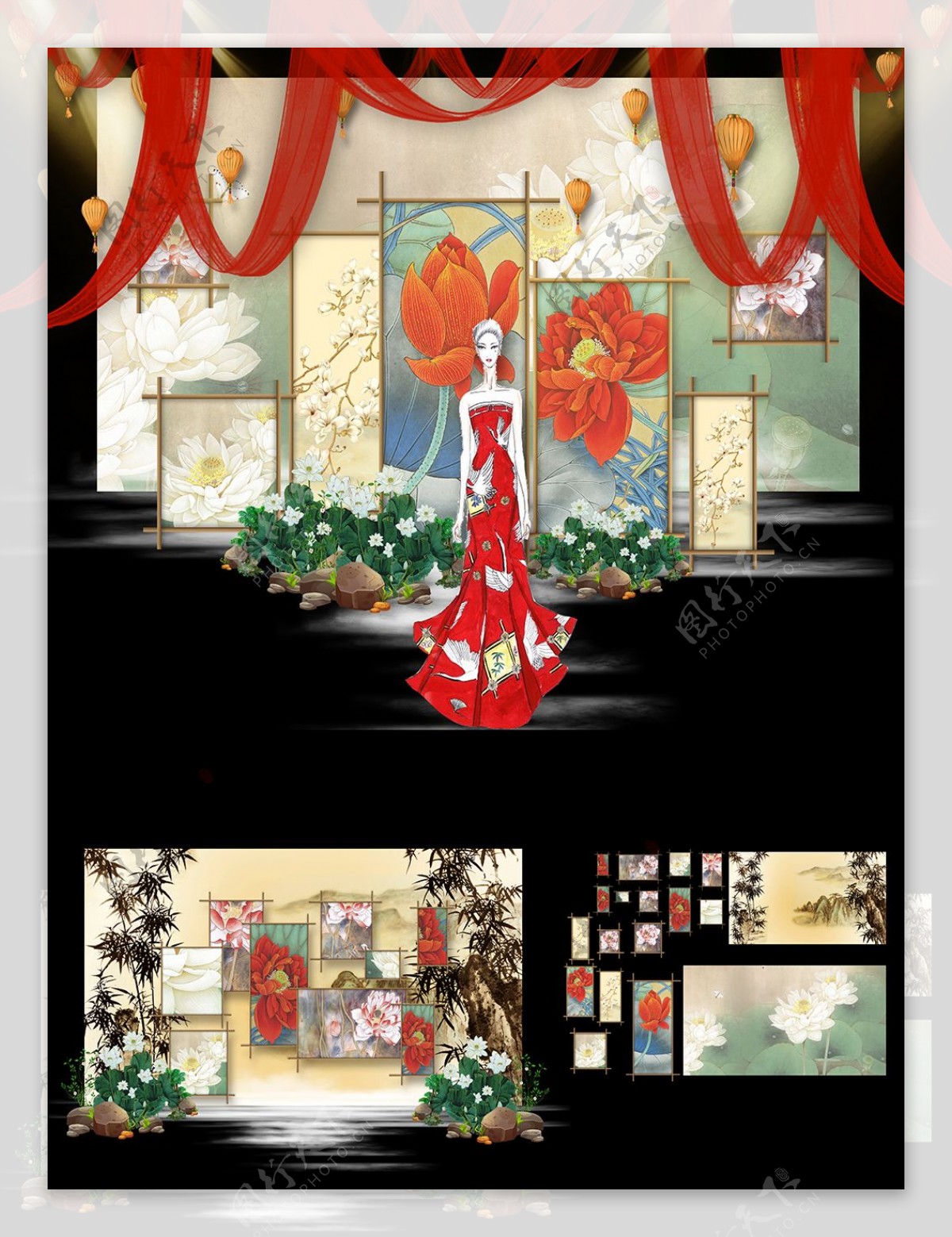 新中式古典风格红色绸缎婚礼效果图设计