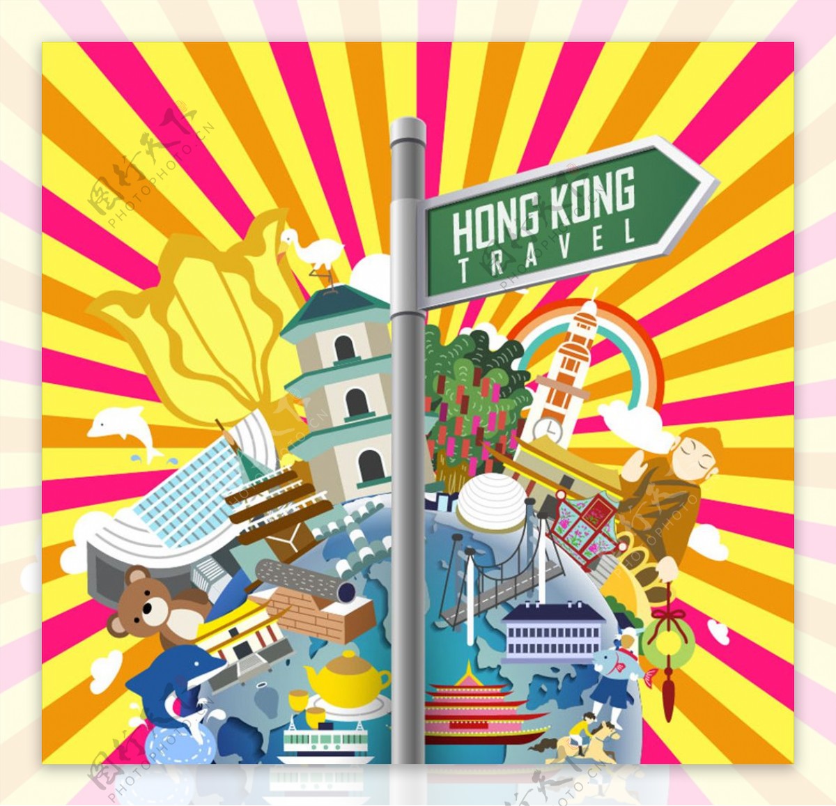 创意时尚香港旅行地标建筑插画