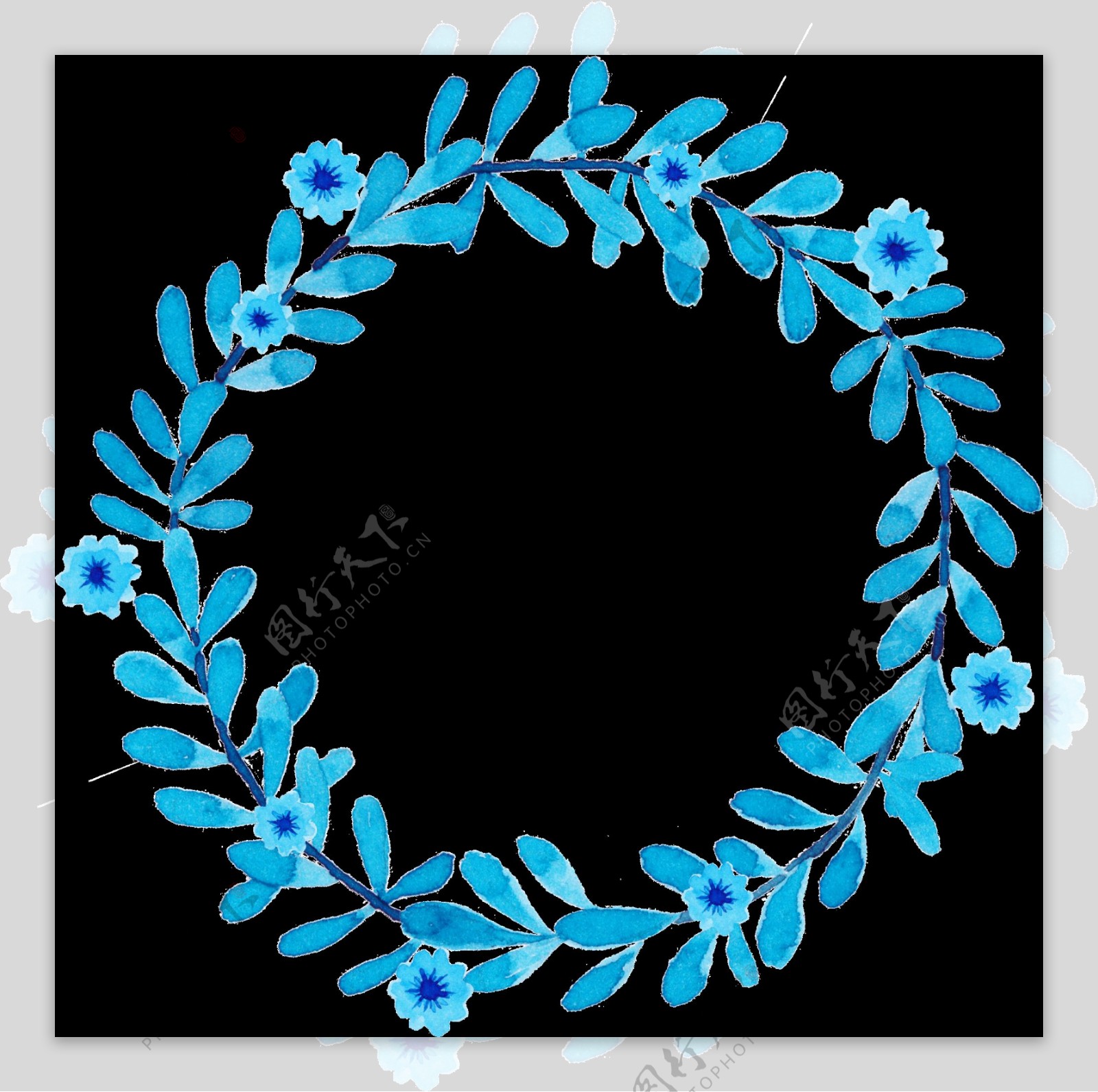 清新深蓝色树叶手绘花环装饰元素