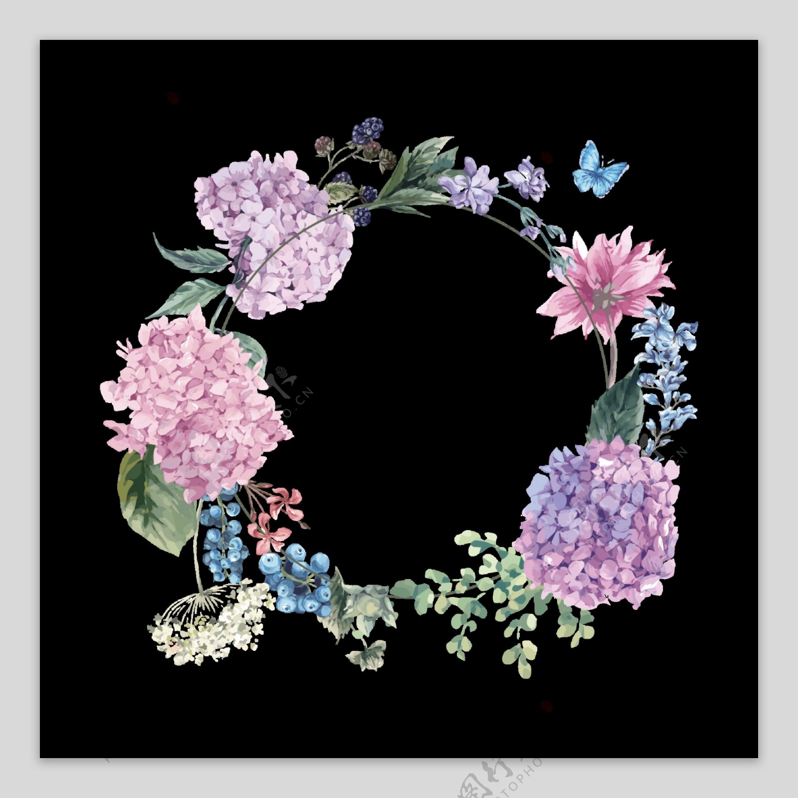 清新紫色绣球花手绘花环装饰元素