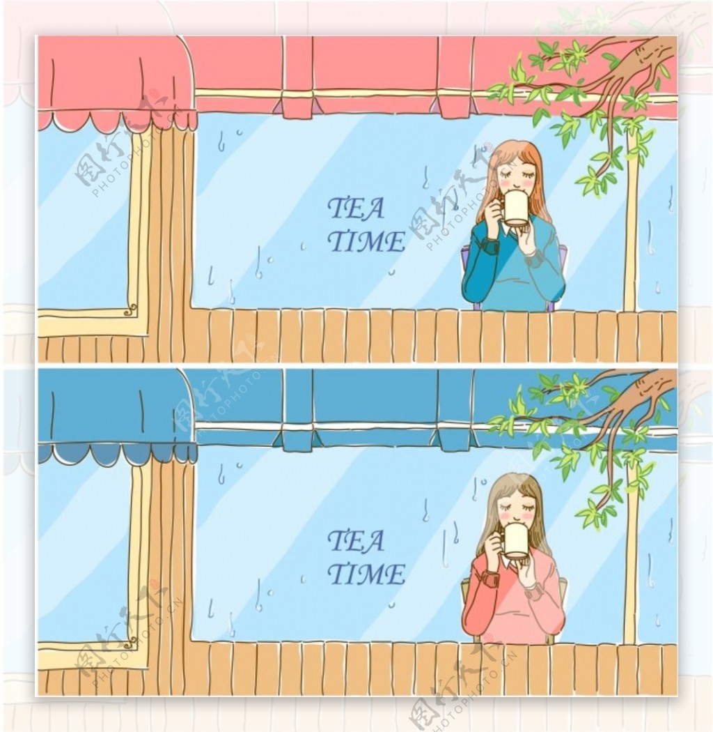 玻璃前喝水的卡通女孩插画