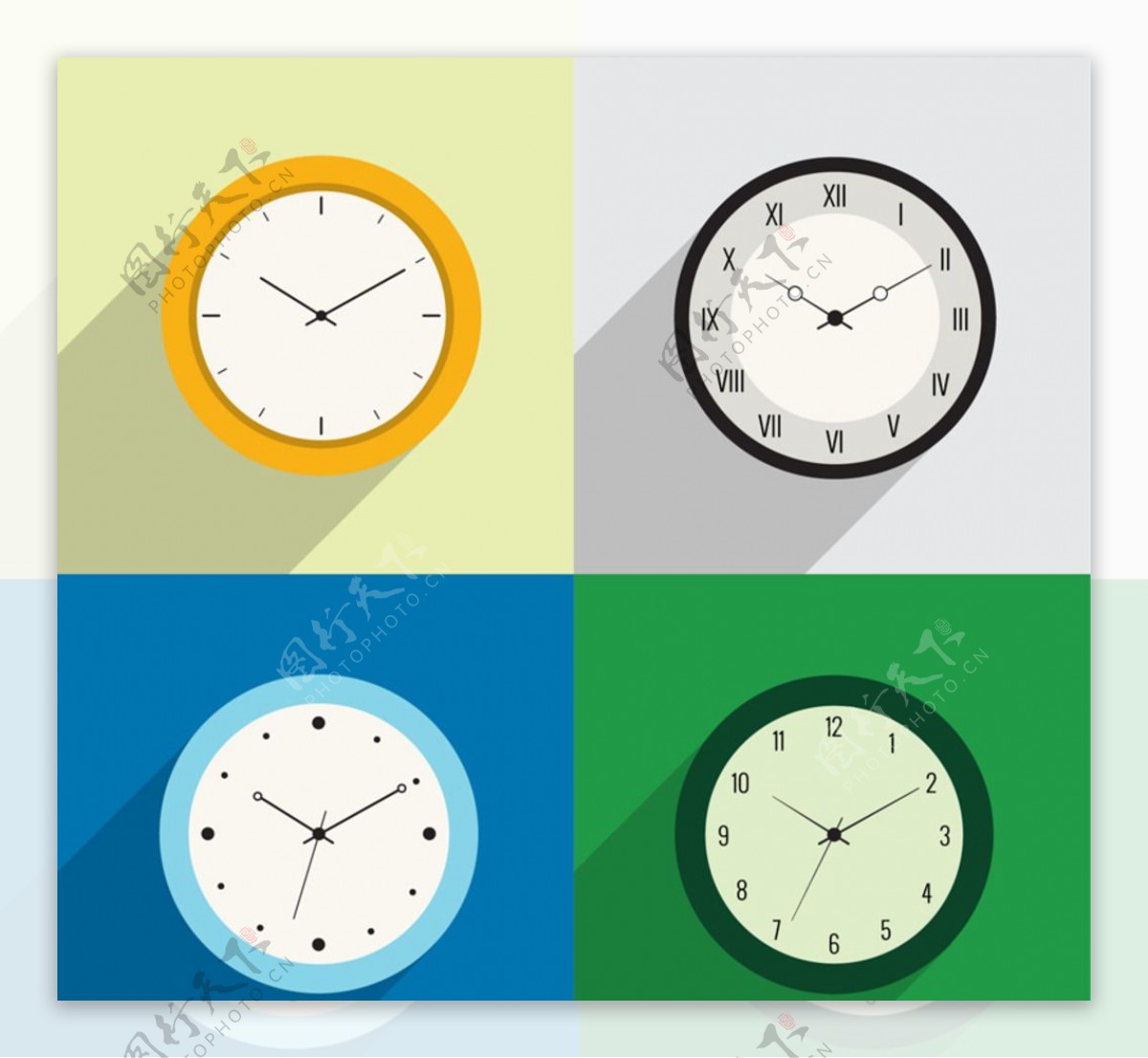 4款彩色时钟设计矢量图