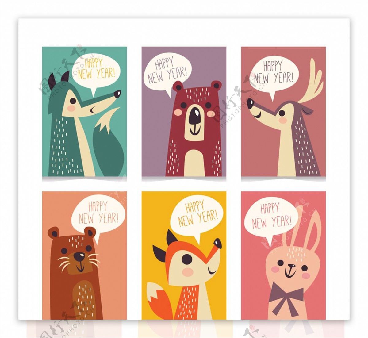 6款彩色动物新年快乐卡片