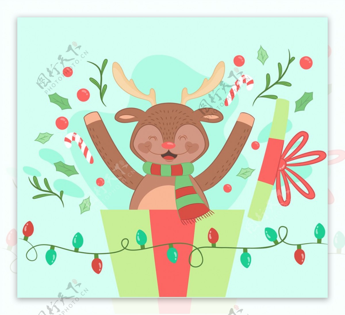 创意跳出礼盒的圣诞驯鹿矢量图