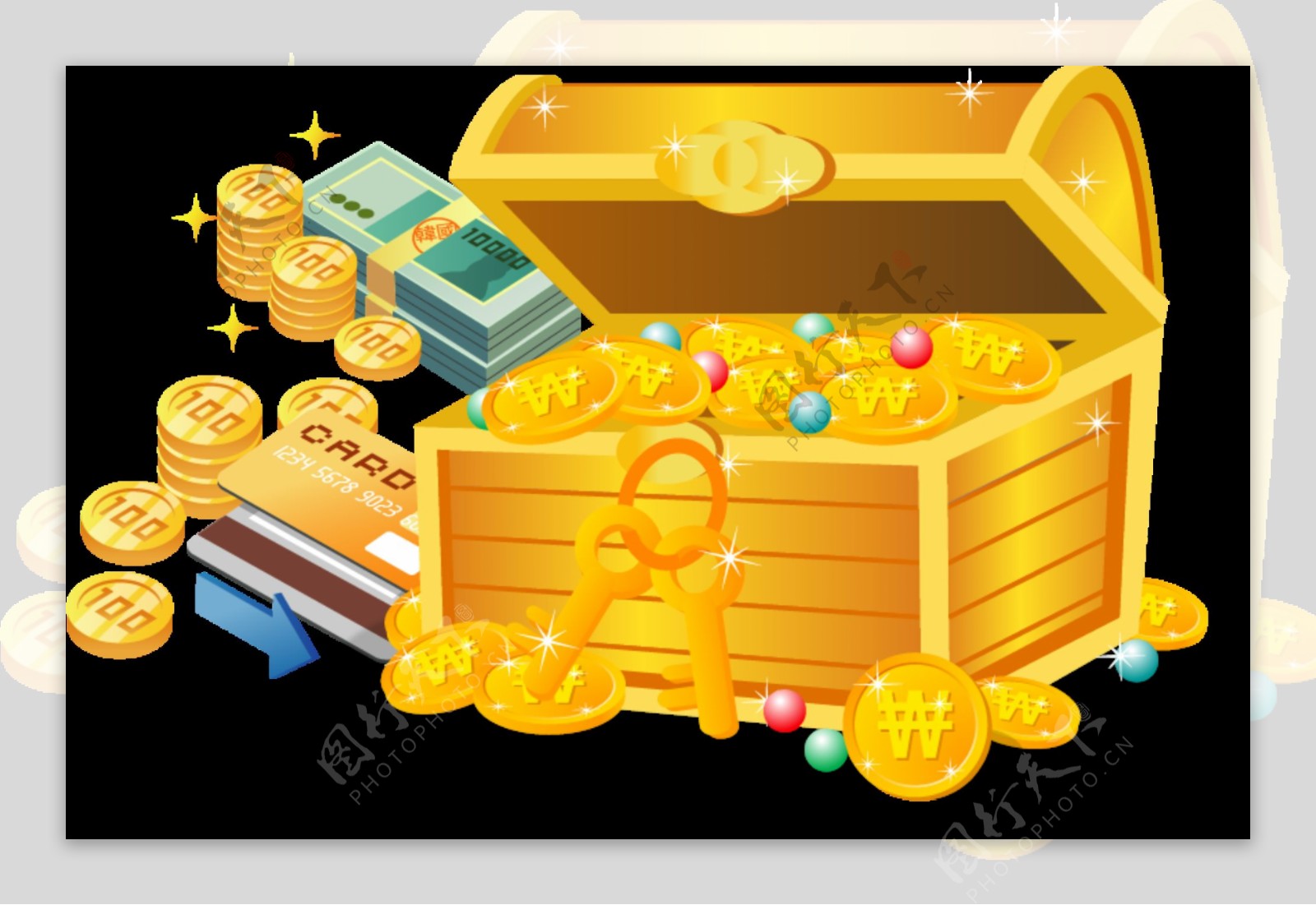 金色箱子金币纸币图案
