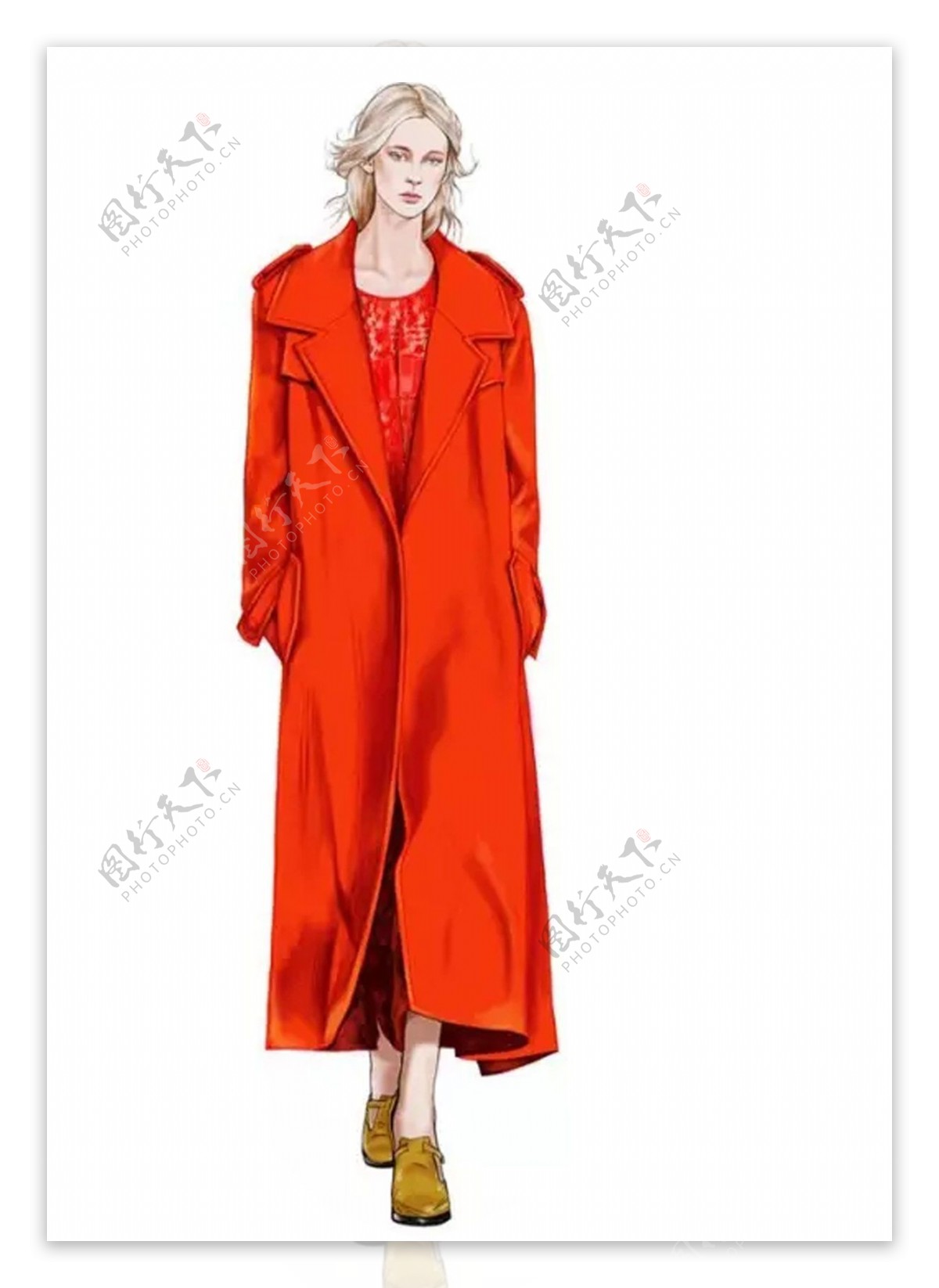 时尚橙色长大衣女装效果图