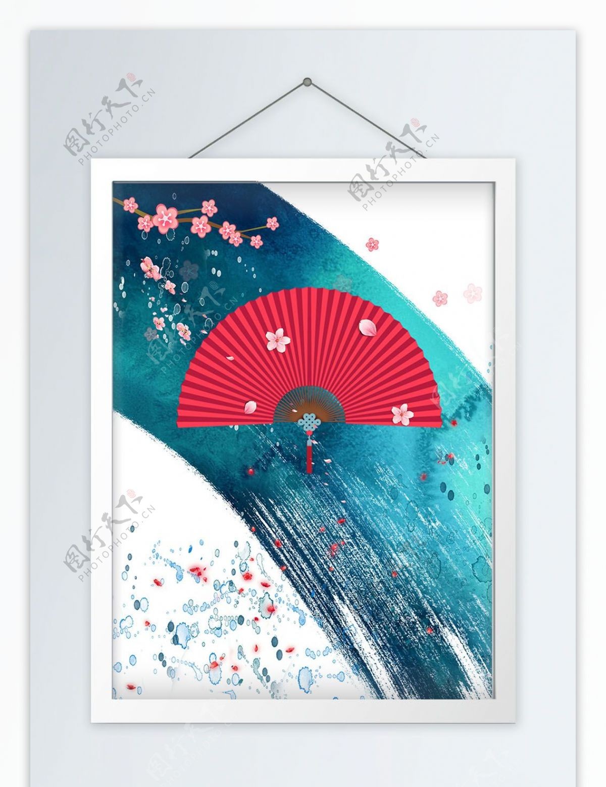 中国风水墨彩色花朵扇子手绘创意装饰画