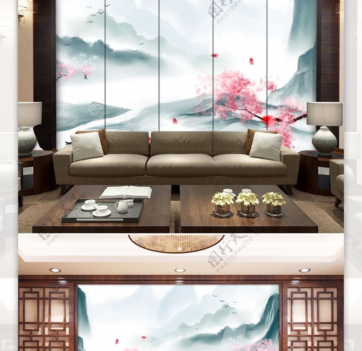 新中式中国风意境水墨山水电视沙发背景墙