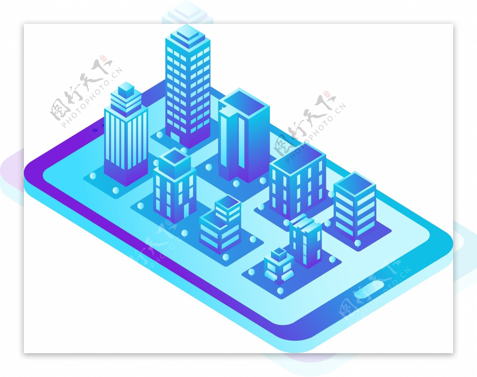 蓝色2.5D虚拟网络社区建筑群可商用元素