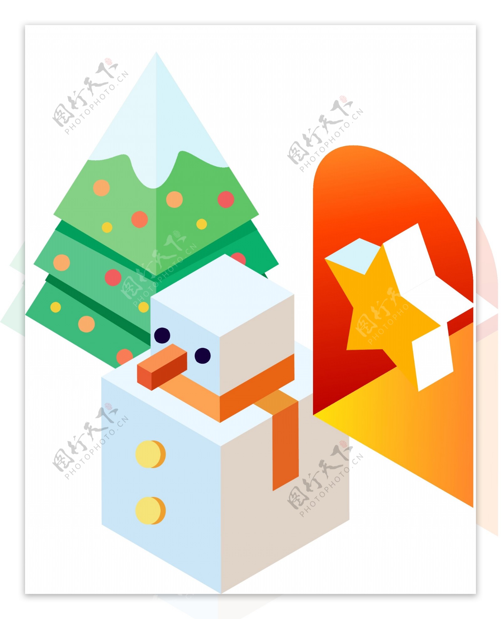 2.5D几何图形组成的雪人五角星和圣诞树