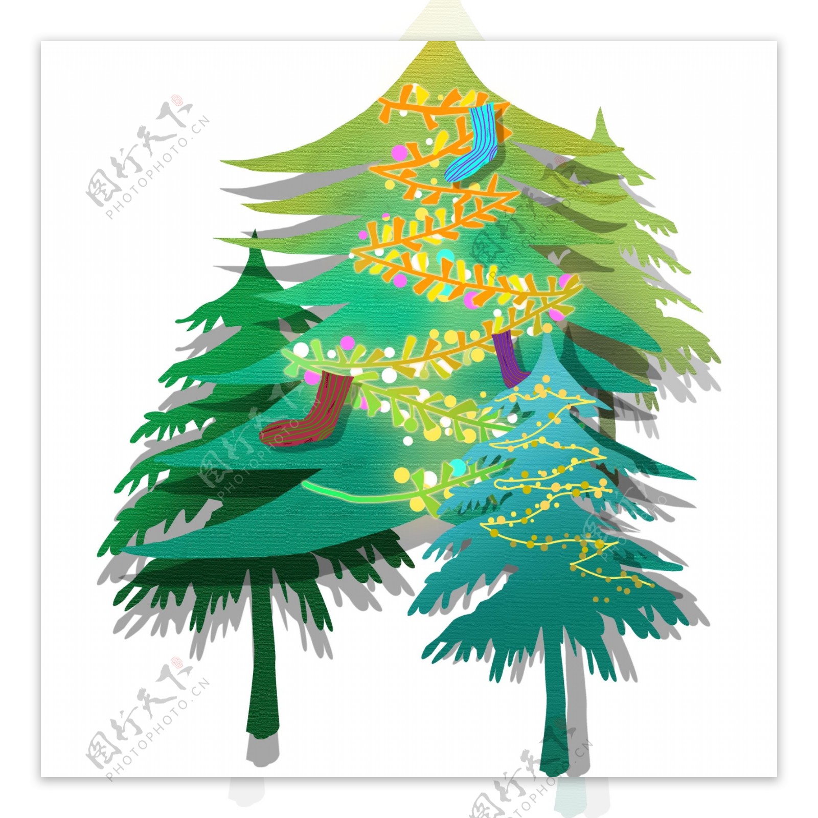 手绘卡通装饰彩灯礼物的圣诞节用的圣诞树元素