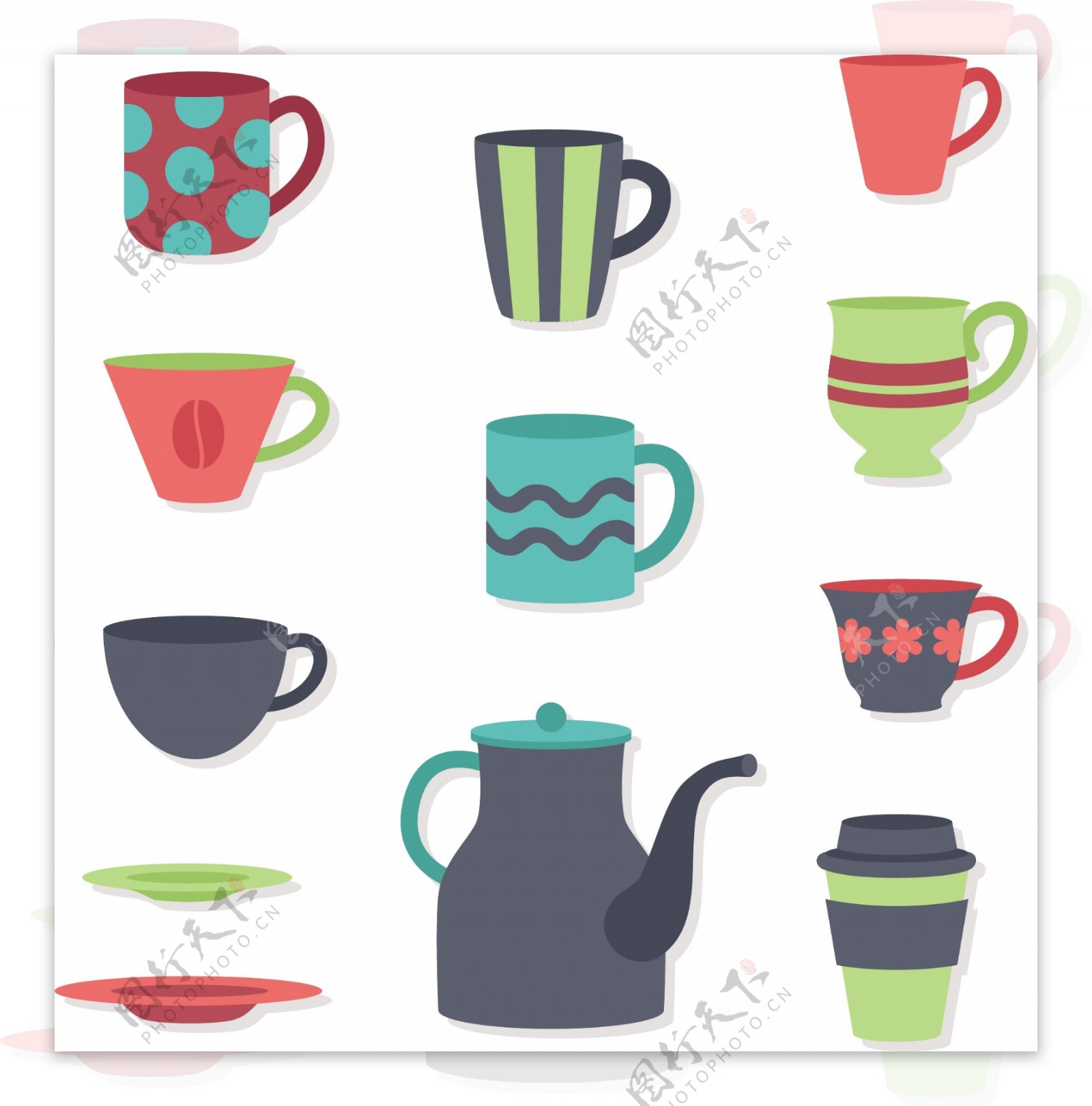 各种不同颜色款式的杯子茶壶插画元素