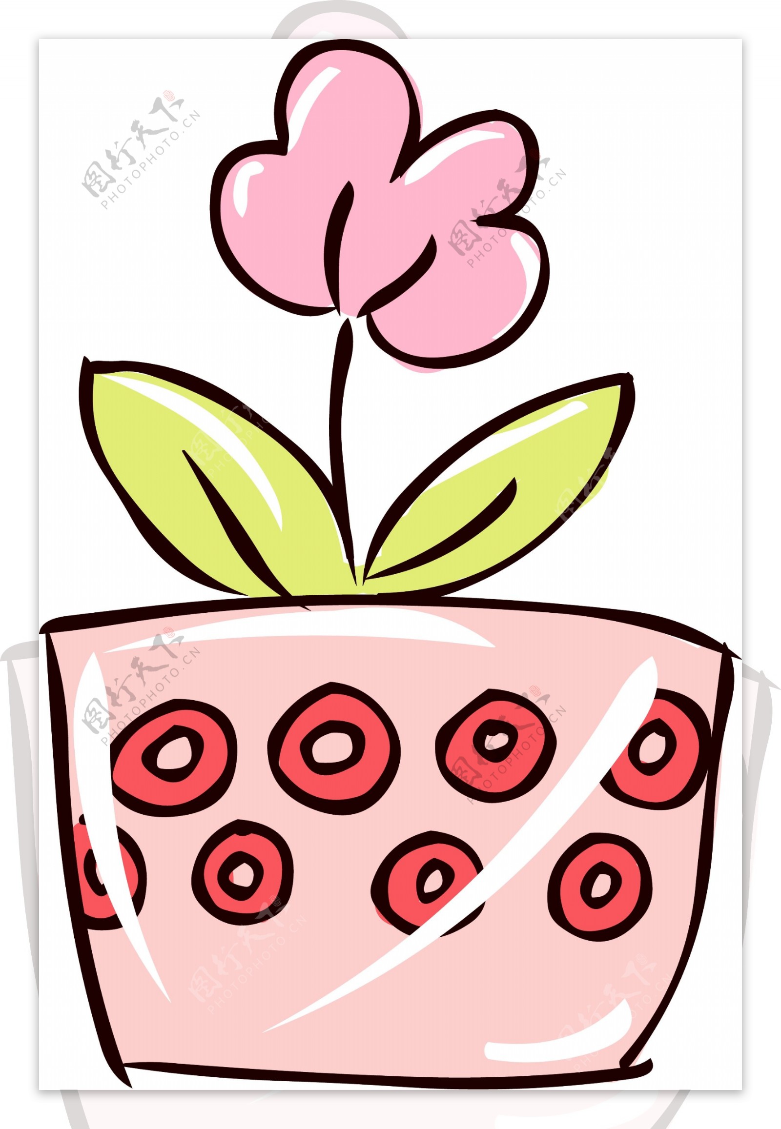 手绘花简笔画风格可爱卡通粉红色小盆栽