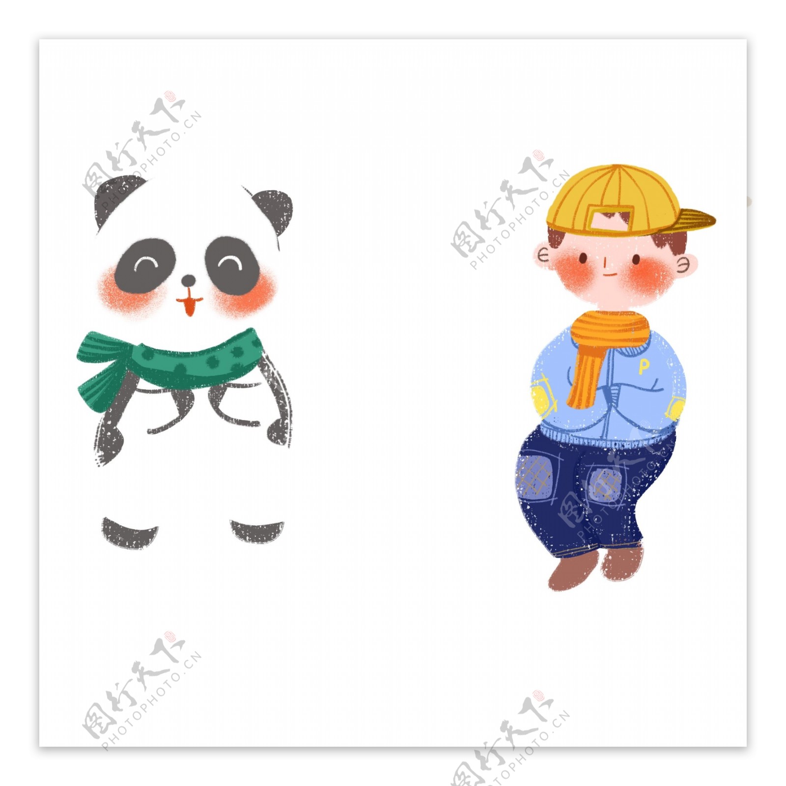 可爱大熊猫和小男孩卡通元素